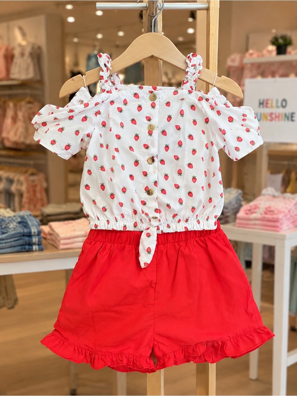 Girls Strawberry Print White Cold-Shoulder Top & Red Ruffle Shorts Set